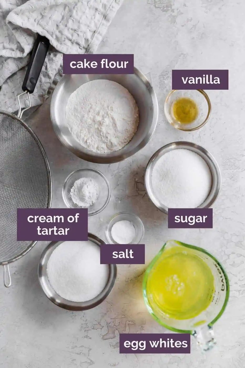Ingredients for angel food cake prepped and labeled.