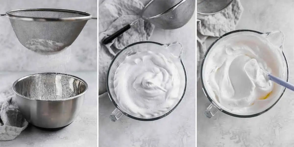 Series of photos showing sifted cake flour being folded into whipped egg whites.