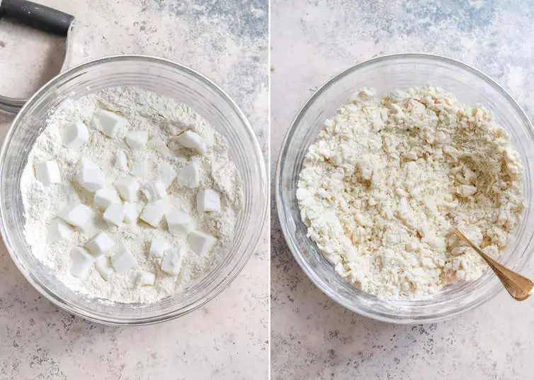 Pastry dough mixed together in a glass bowl.