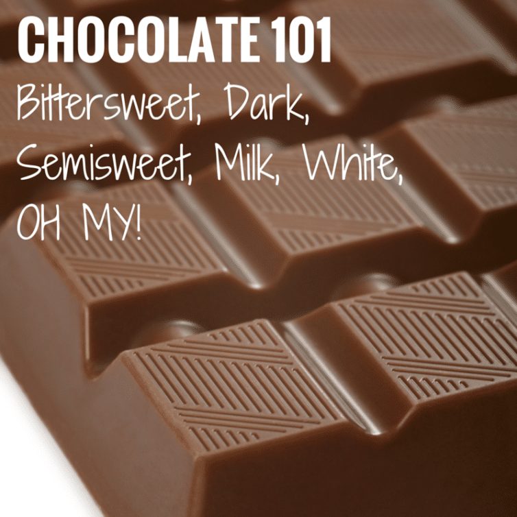 Chocolate 101: A thorough description of the different types of chocolate - unsweetened, bittersweet, dark, semisweet, milk and white, and when to use them!