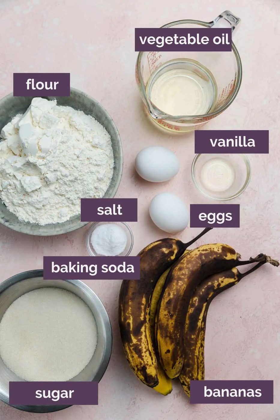 Ingredients for banana bread prepped and labeled.