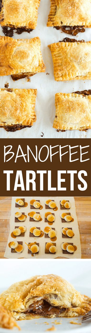 Banoffee Tartlets: A speedy and straightforward dessert using puff pastry filled with chocolate, bananas and dulce de leche. All of the flavors of a banoffee pie without all of the work!
