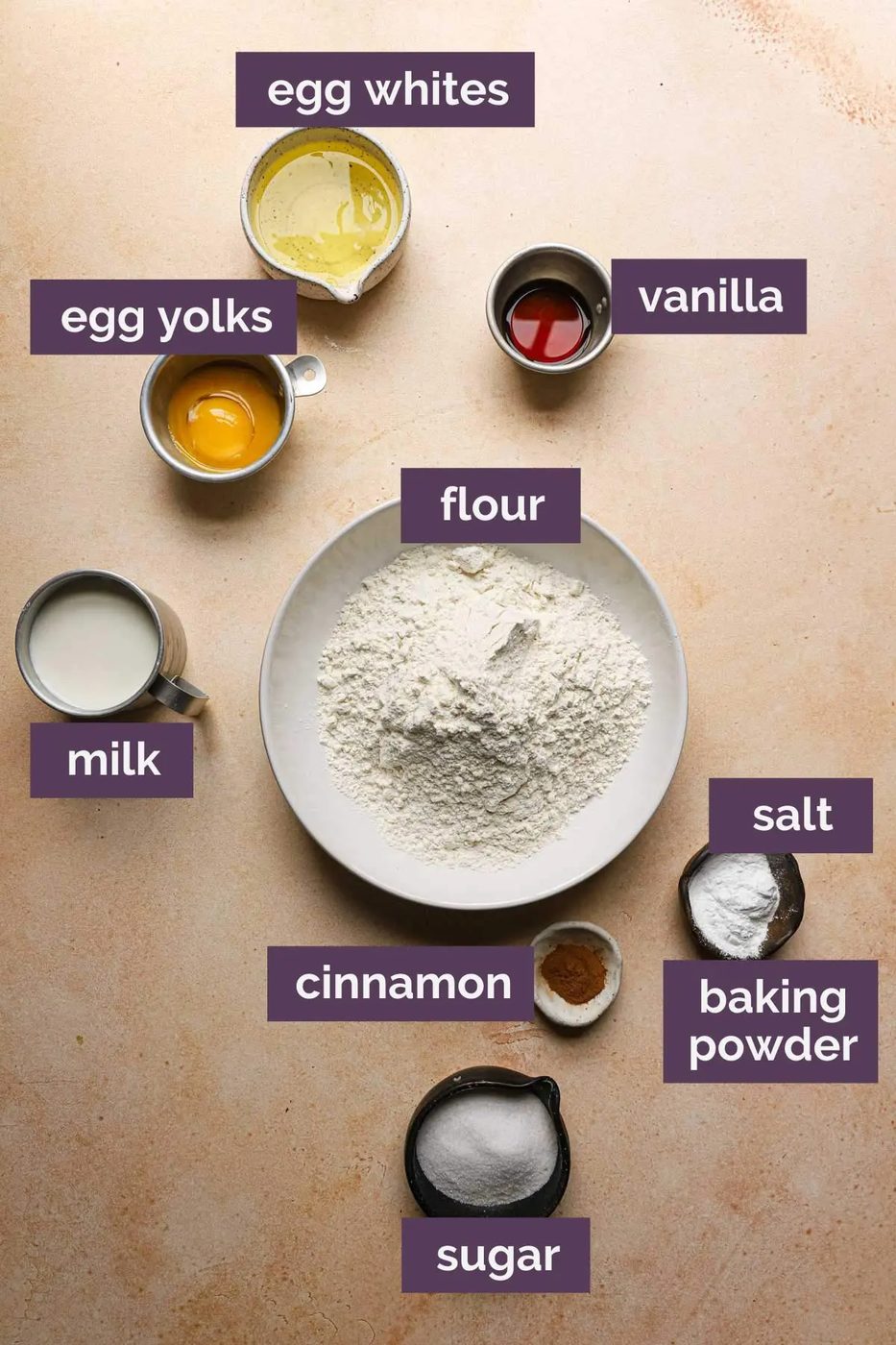 Ingredients for Belgian waffles prepped and in bowls on a counter.