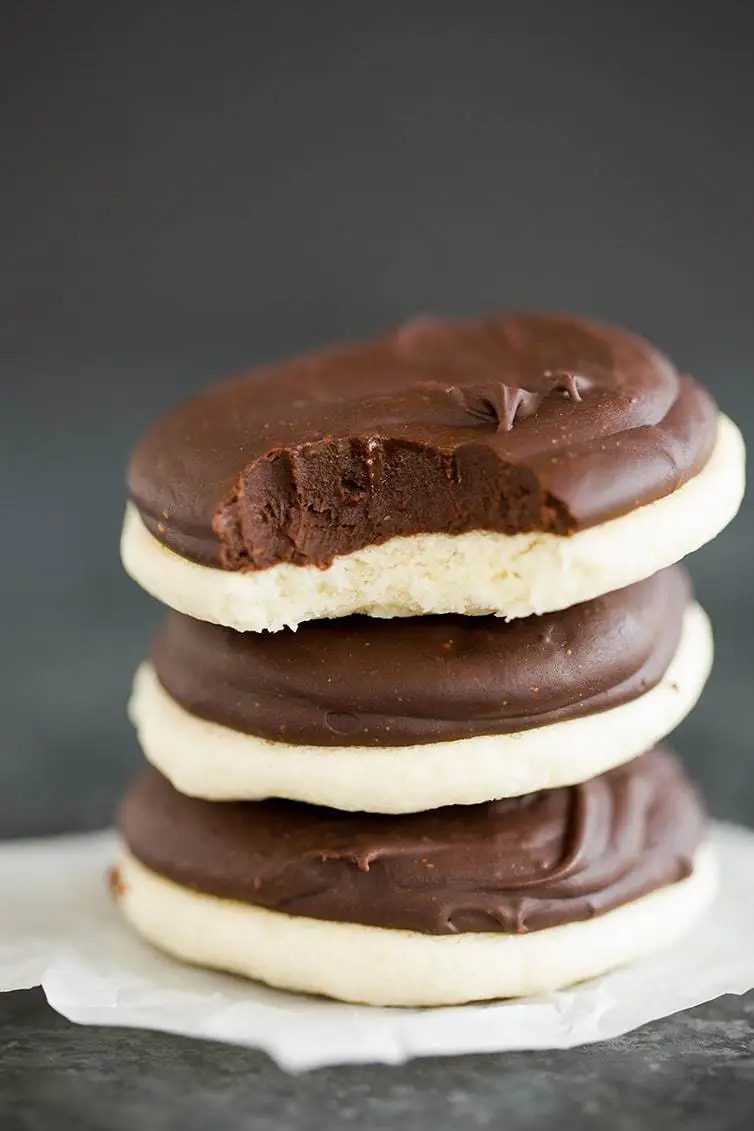 A recreation of Bergers cookies - soft vanilla cookies topped with fudge frosting.