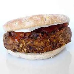 Black bean burger on a bun topped with ketchup and cheese.