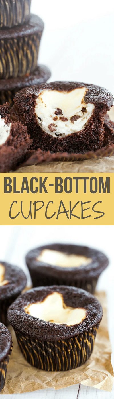 Classic black-bottom cupcakes - plush chocolate cupcakes topped with a cheesecake filling and mini chocolate chips. A standby of both worlds!