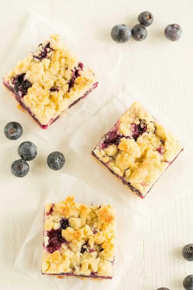 Blueberry Crumb Bars - An overhead look at three blueberry crumb bars waiting to be gobbled up!