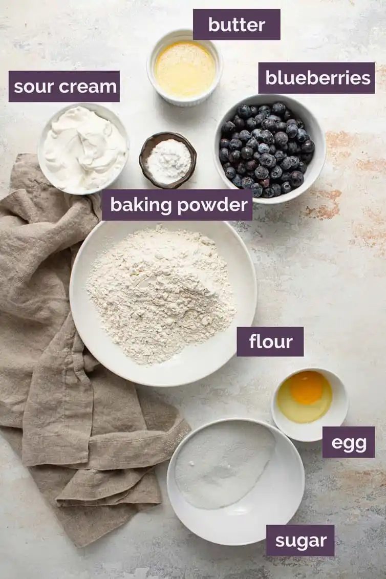 Ingredients for blueberry muffins prepped and labeled.