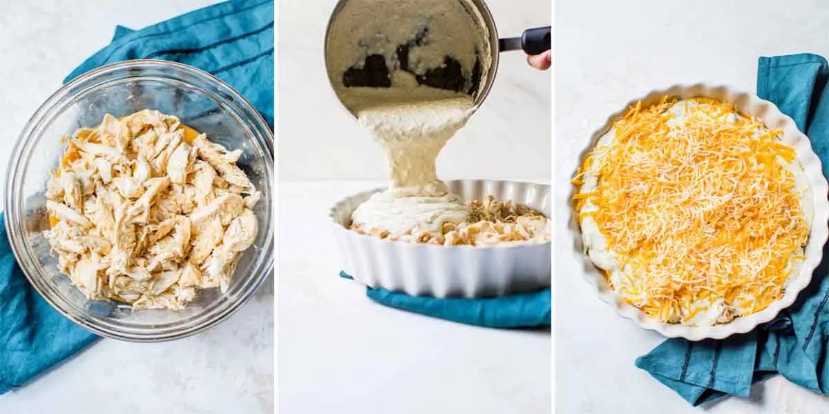 Three photo collage of preparing buffalo chicken dip before baking.