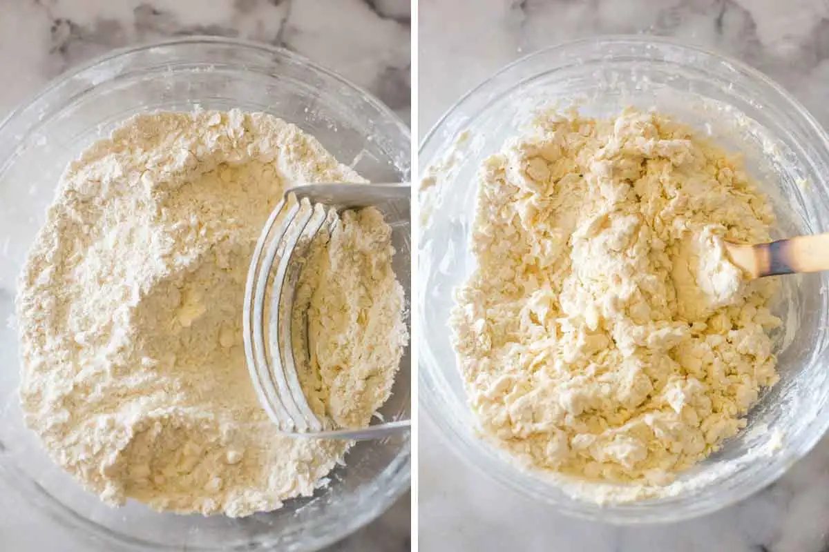 Side by side photos of mixing the dough together for from-scratch biscuits.