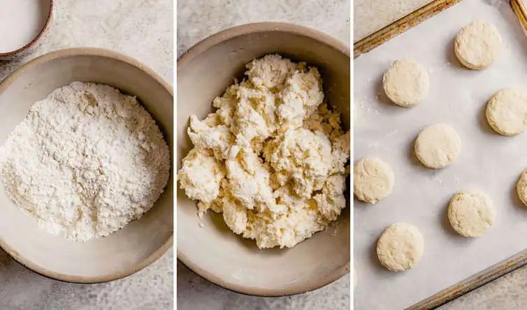 Three step photos of how to make biscuits with the flour mixture on the left, dough in a bowl in the middle, and biscuits on a baking sheet on the right.