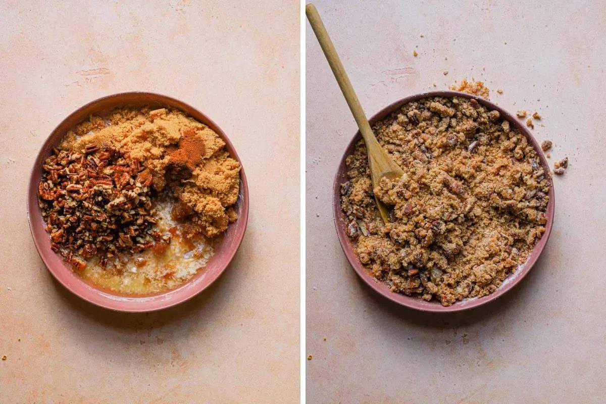 Mixing together the filling and topping ingredients for coffee cake.