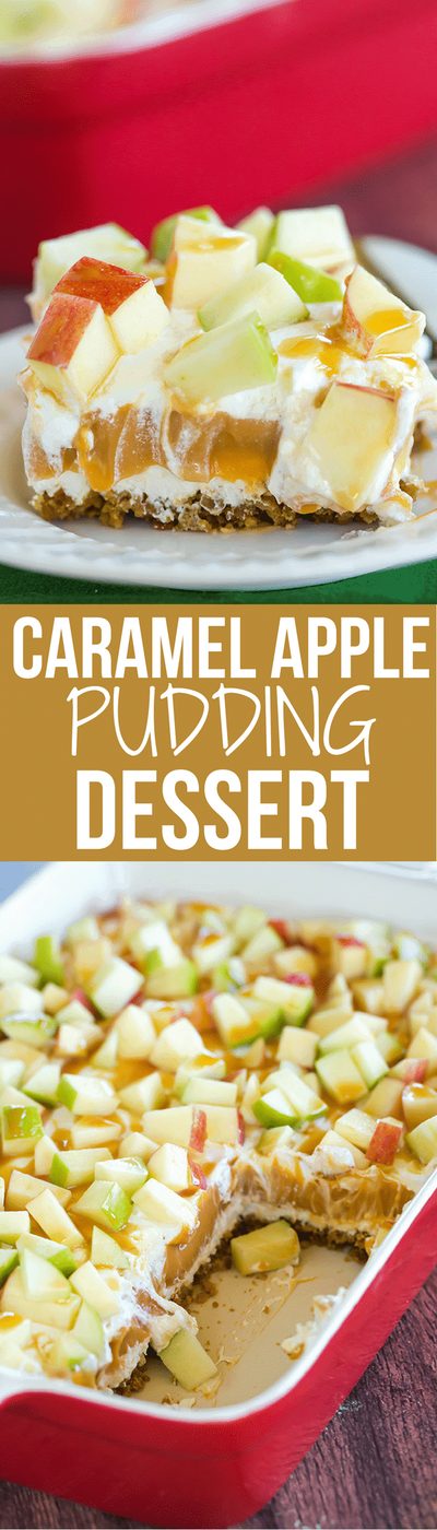 This caramel apple pudding has layers of caramel cheesecake filling, caramel pudding, a whipped cream topping, apples, and peanuts all on top of a gingersnap crust.