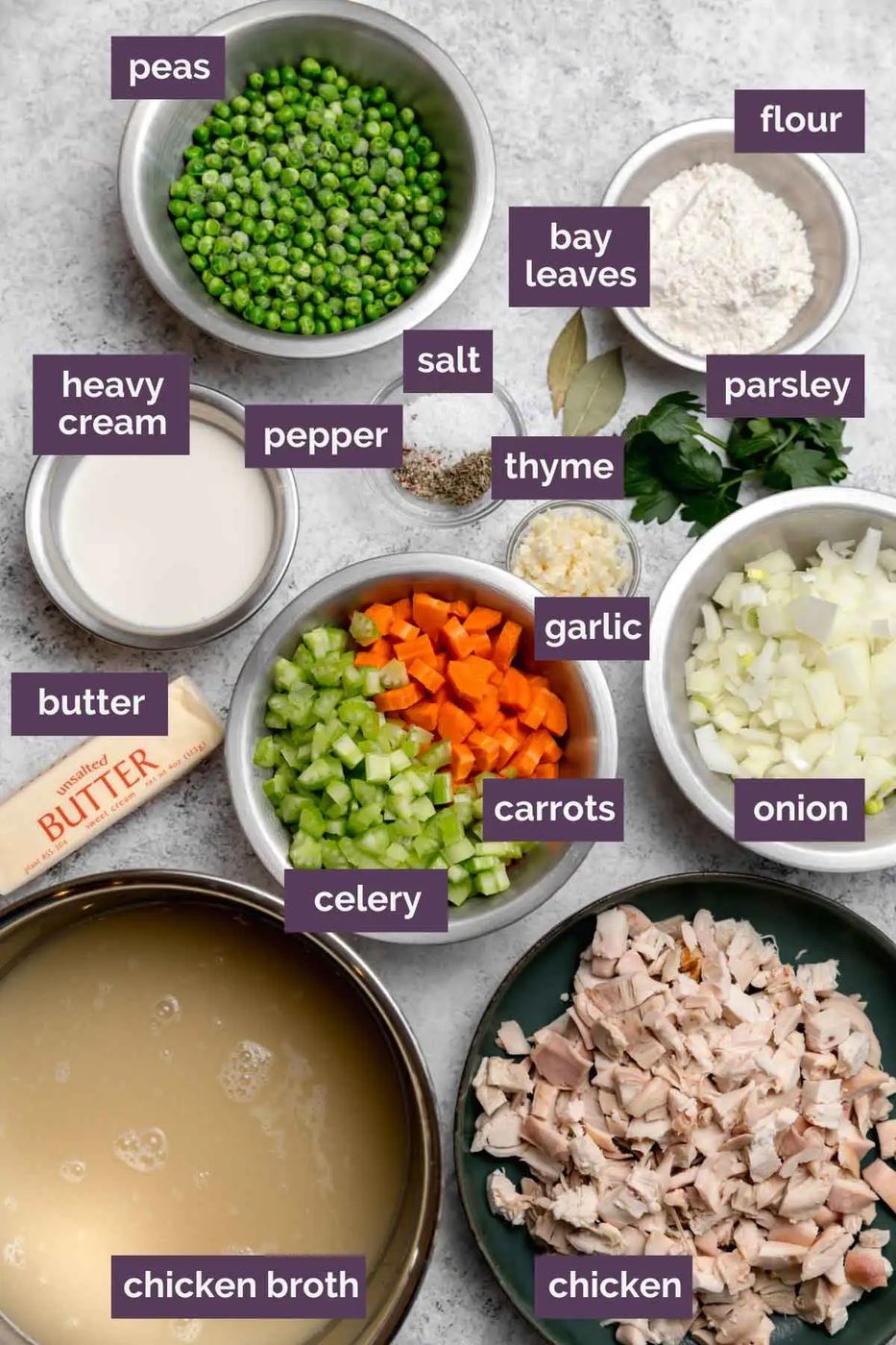 Ingredients for the soup base of chicken and dumplings prepped and labeled.