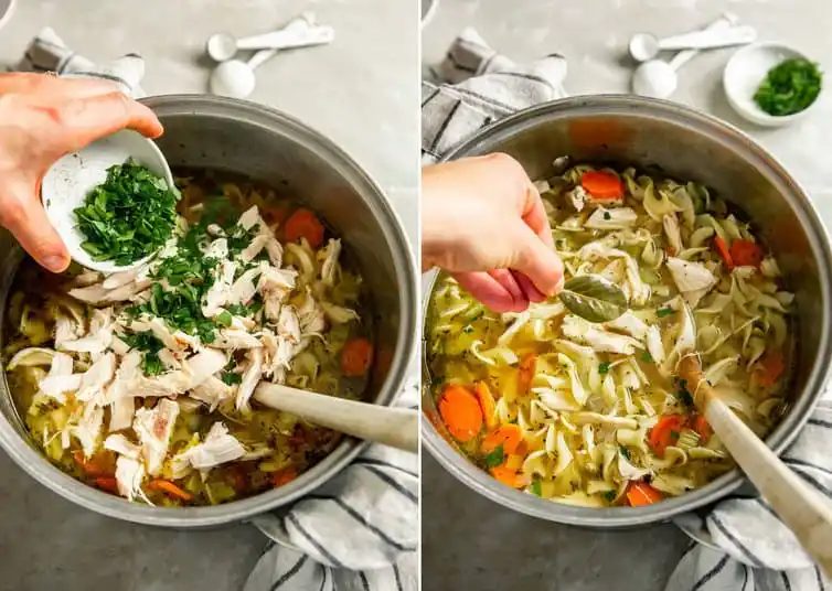 Adding parsley and bay leaf to chicken noodle soup.