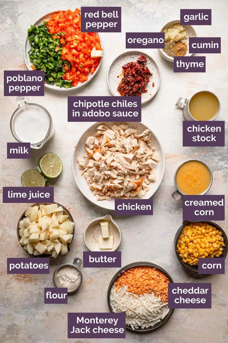 Overhead photo of ingredients for chicken and corn chowder prepped and labeled.
