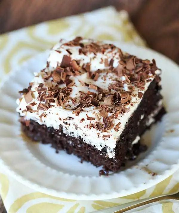 Mudslide Poke Cake - Chocolate cake infused with sweetened condensed milk, hot fudge, vodka, Kahlua and Baileys Irish Cream. A straightforward, rich cake with a nice kick! |