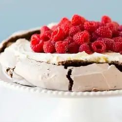 Chocolate Pavlova, served with Mascarpone and Raspberries