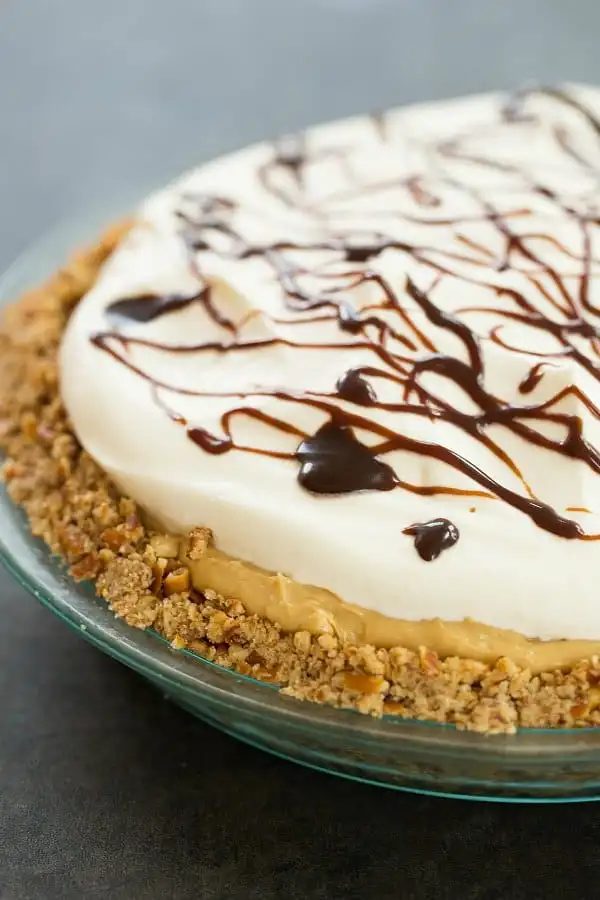 Chocolate-Peanut Butter Banana Cream Pie, served with Pretzel Crust