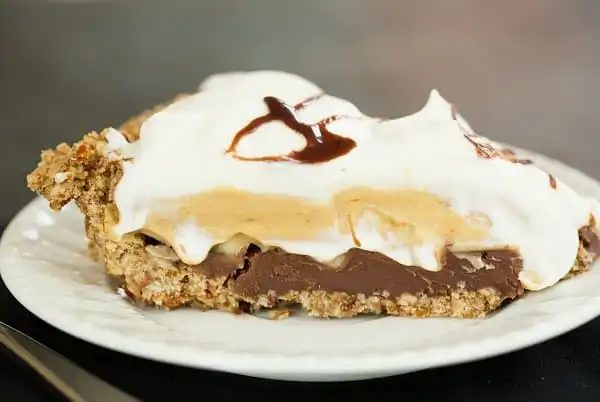 Chocolate-Peanut Butter Banana Cream Pie, served with Pretzel Crust
