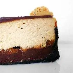 Side view of a slice of peanut butter fudge cheesecake on a white plate.