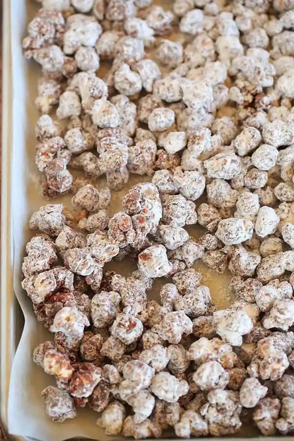 This popcorn version of the enormously popular muddy buddies (or "puppy chow") is chocolate and peanut butter-covered popcorn tossed in powdered sugar. |