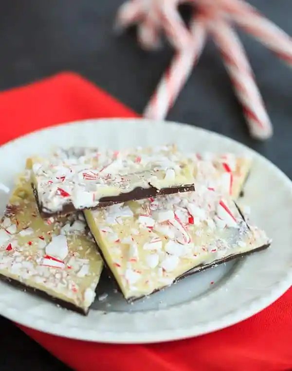 This classic peppermint bark has layers of dark chocolate, white chocolate and crushed candy canes. |