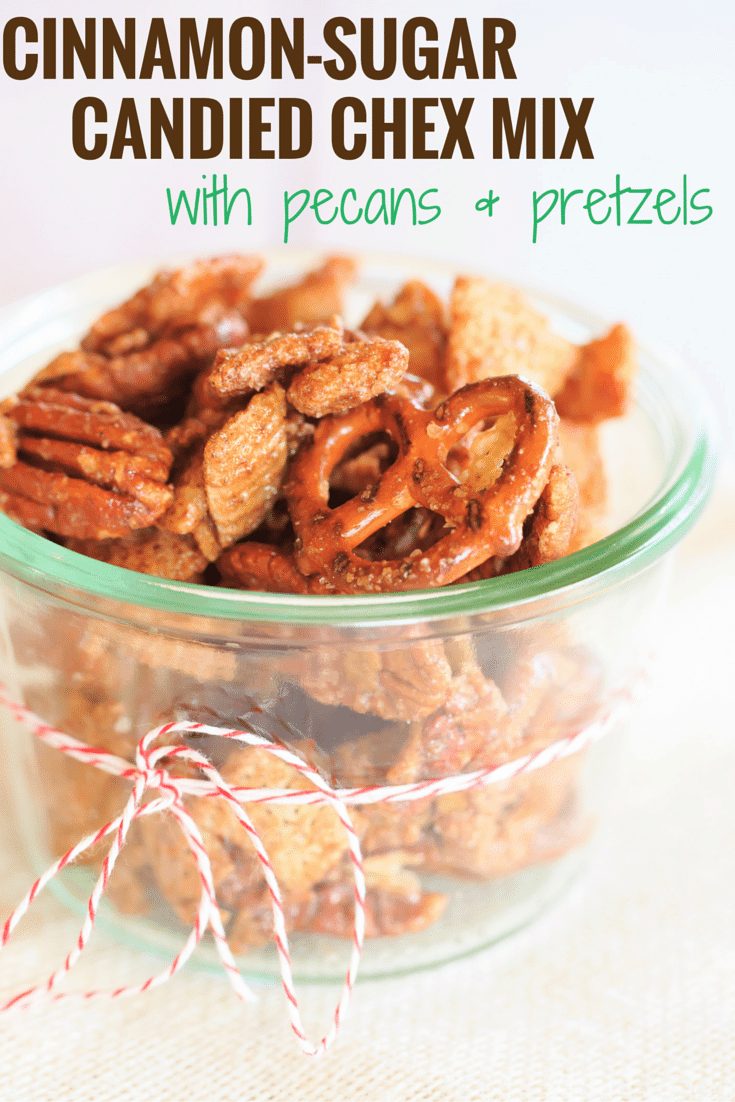 Cinnamon-Sugar Candied Chex Mix with Pecans and Pretzels - A reliable holiday snack and hostess gift! |