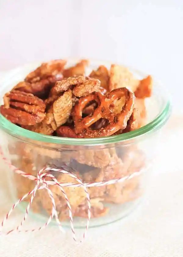 Cinnamon-Sugar Candied Chex Mix plus Pecans and Pretzels