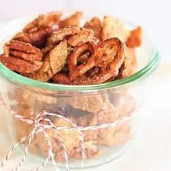 Cinnamon-Sugar Candied Chex Mix plus Pecans and Pretzels