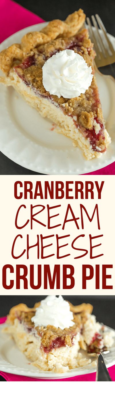 This Cranberry Cheesecake Crumb Pie features pie crust filled with a simple cheesecake batter, then topped with a thick cranberry sauce and crumb topping.