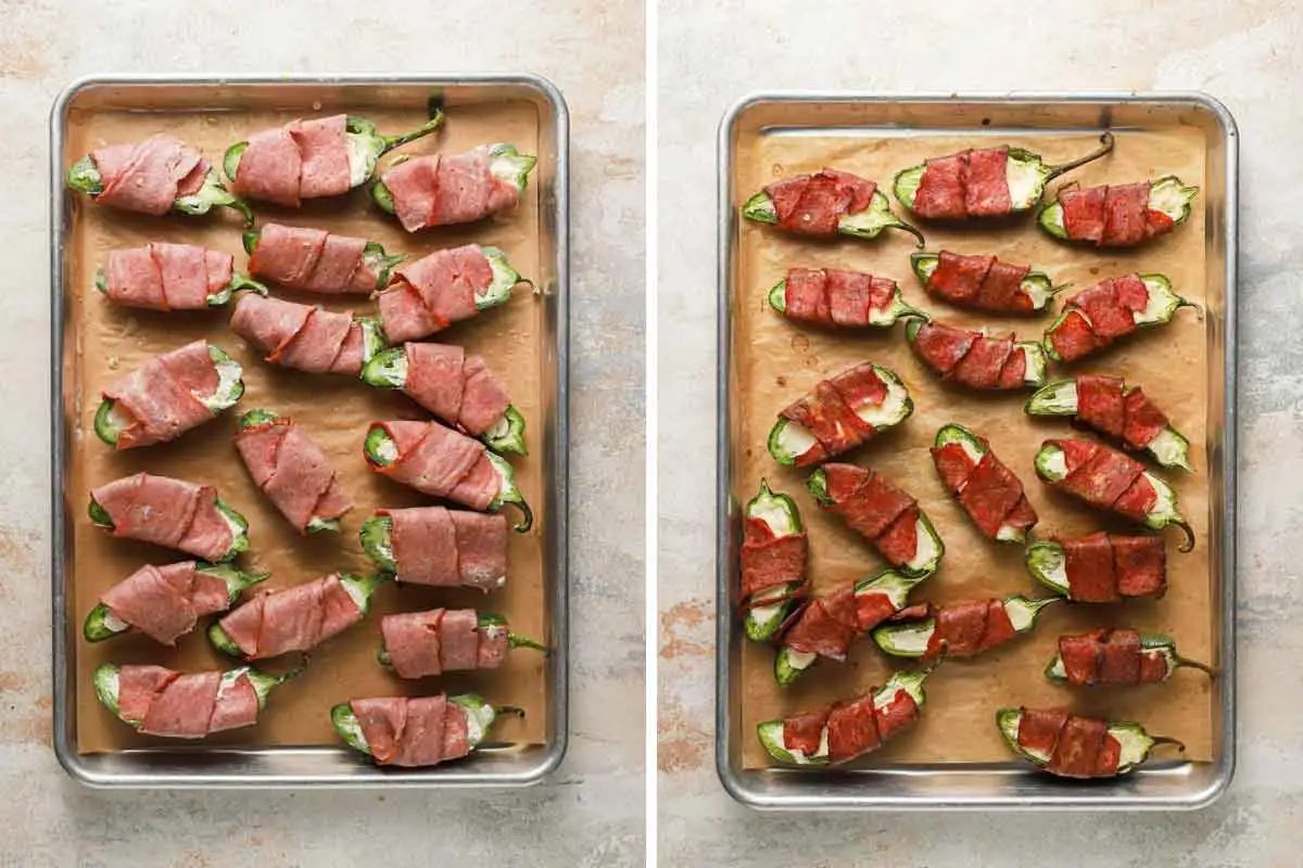Side by side photos of bacon-wrapped jalapeno poppers prepped on a baking sheet and after baking.