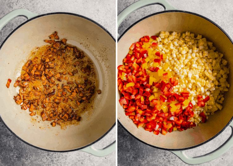 Side by side photos of Mexican corn salad cooking in a dutch oven.