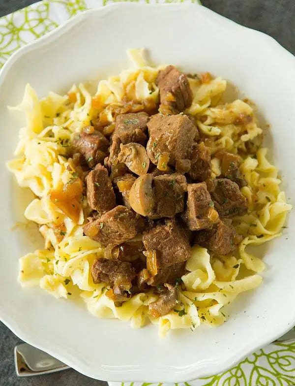 Slow Cooker Beef Tips plus Mushrooms and Egg Noodles