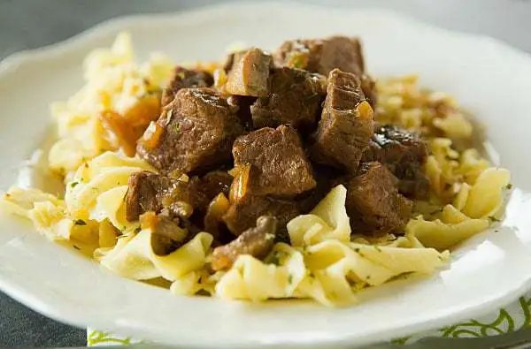 Slow Cooker Beef Tips plus Mushrooms and Egg Noodles
