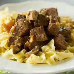 Slow Cooker Beef Tips plus Mushrooms and Egg Noodles