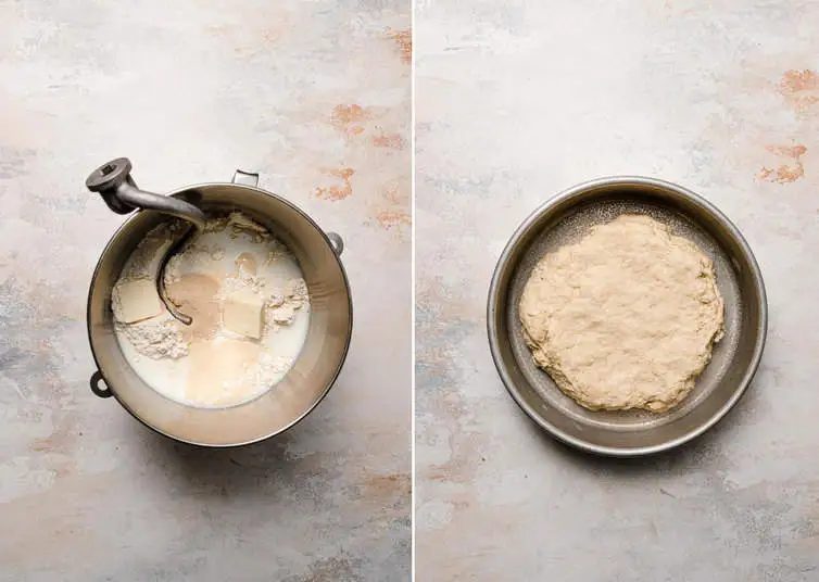Croissant dough in mixing bowl and then on a plate.