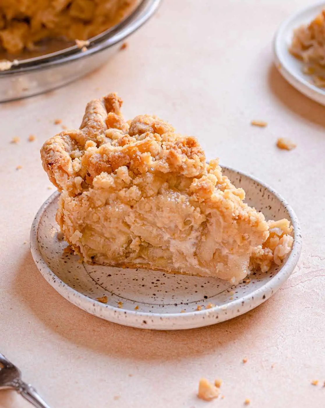 A slice of Dutch apple pie on a small speckled plate. Pie plate is in background.