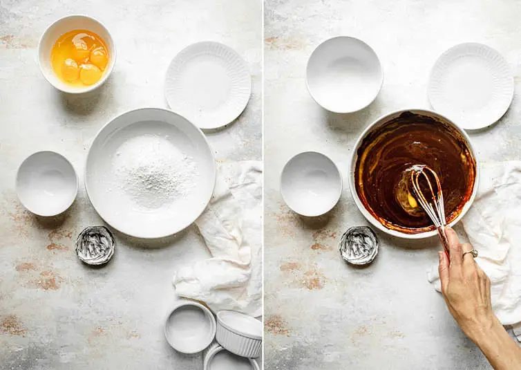 Side by side photos of mixing batter for chocolate lava cakes.
