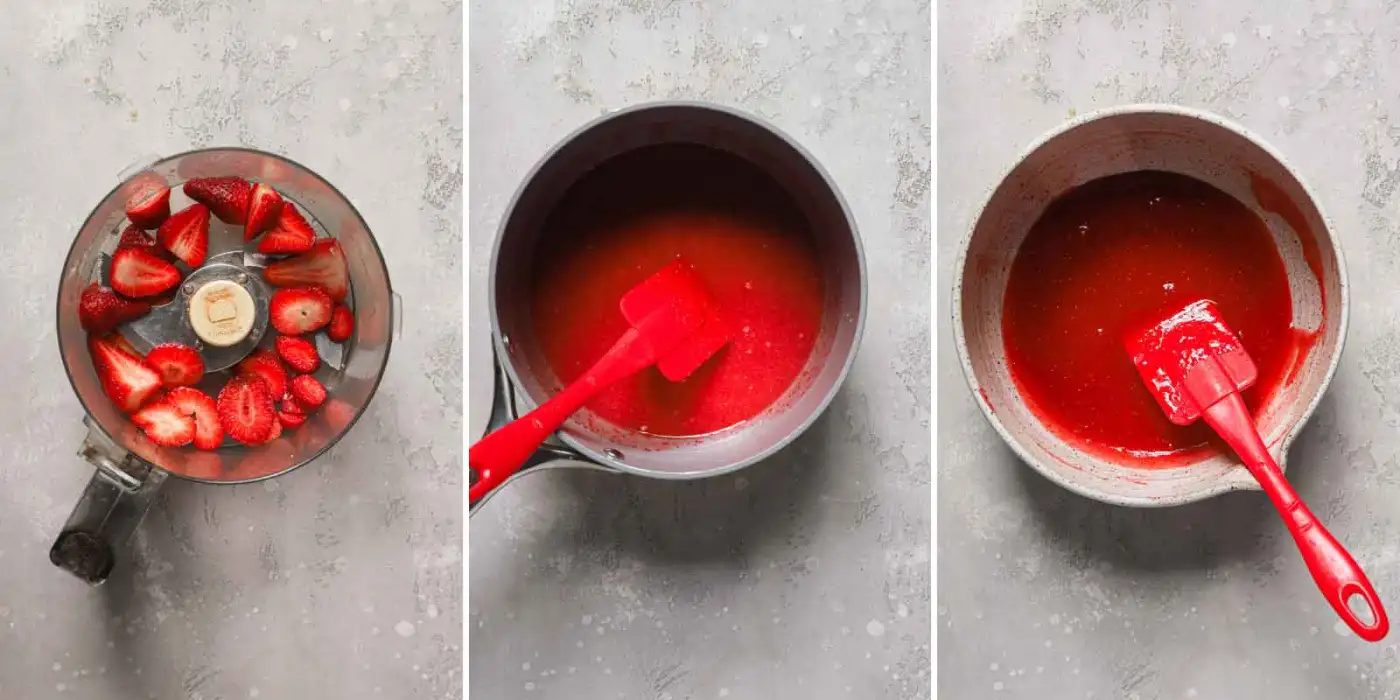 Three photo collage of making from-scratch strawberry pie filling.