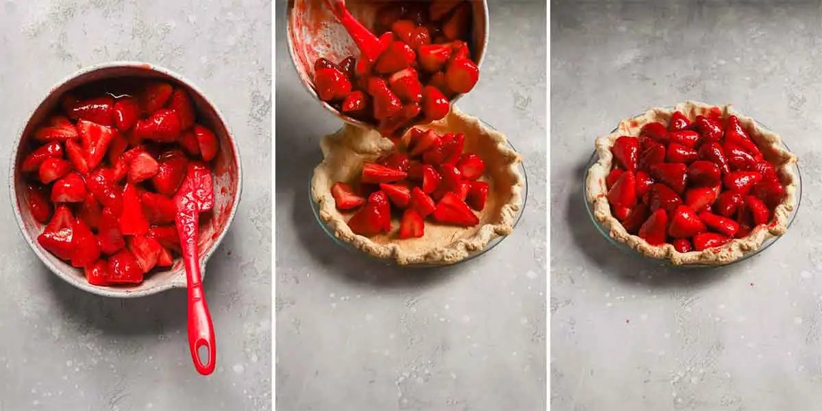 Pouring from-scratch strawberry pie filling into a blind baked crust.