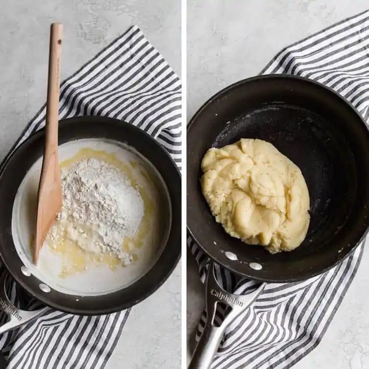 Side-by-side photos of making pate a choux dough in a pot.