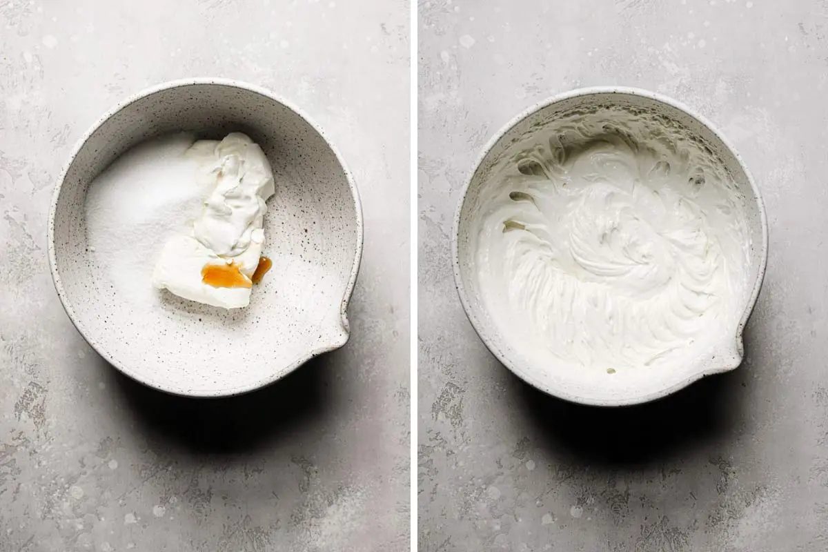 a side by side image of the ingredients and mixing of this from-scratch cream cheese dressing for straightforward grape salad
