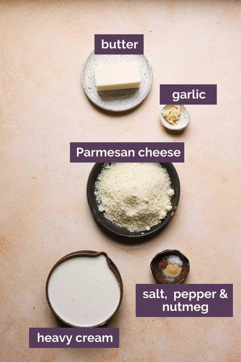 Ingredients for garlic Alfredo sauce prepped and labeled.
