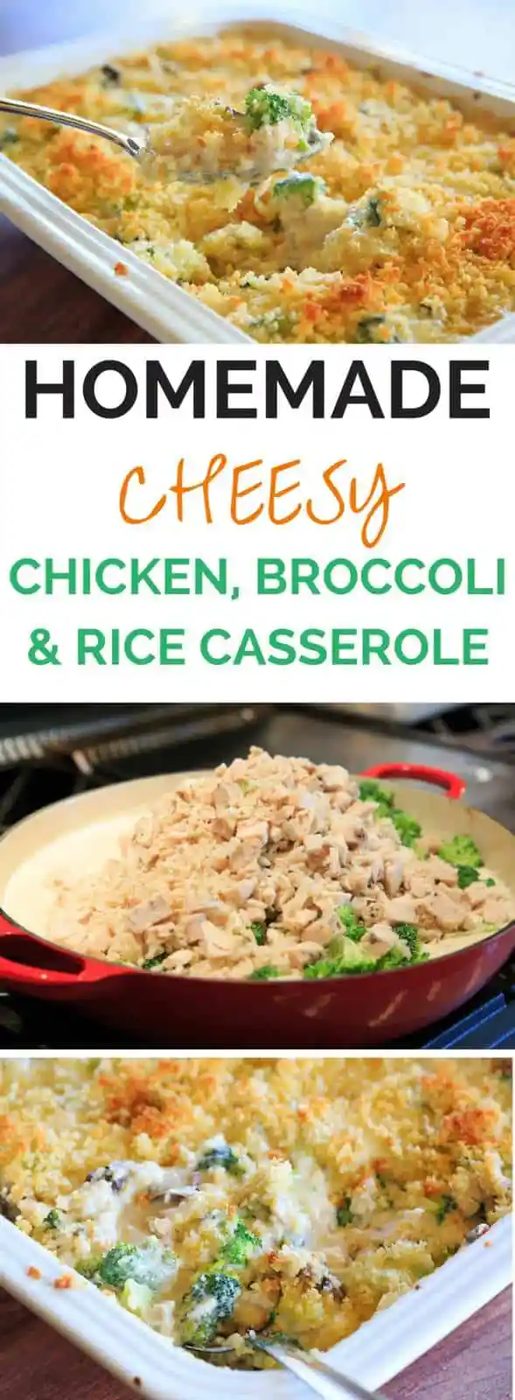 Cheesy Chicken, Broccoli & Rice Casserole - A from-scratch recipe for chicken, broccoli and rice casserole made completely from scratch with a cheesy cream sauce and topped with buttered breadcrumbs. |