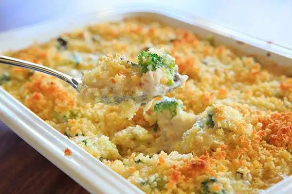 Cheesy Chicken, Broccoli & Rice Casserole - A from-scratch recipe for chicken, broccoli and rice casserole made completely from scratch with a cheesy cream sauce and topped with buttered breadcrumbs. |
