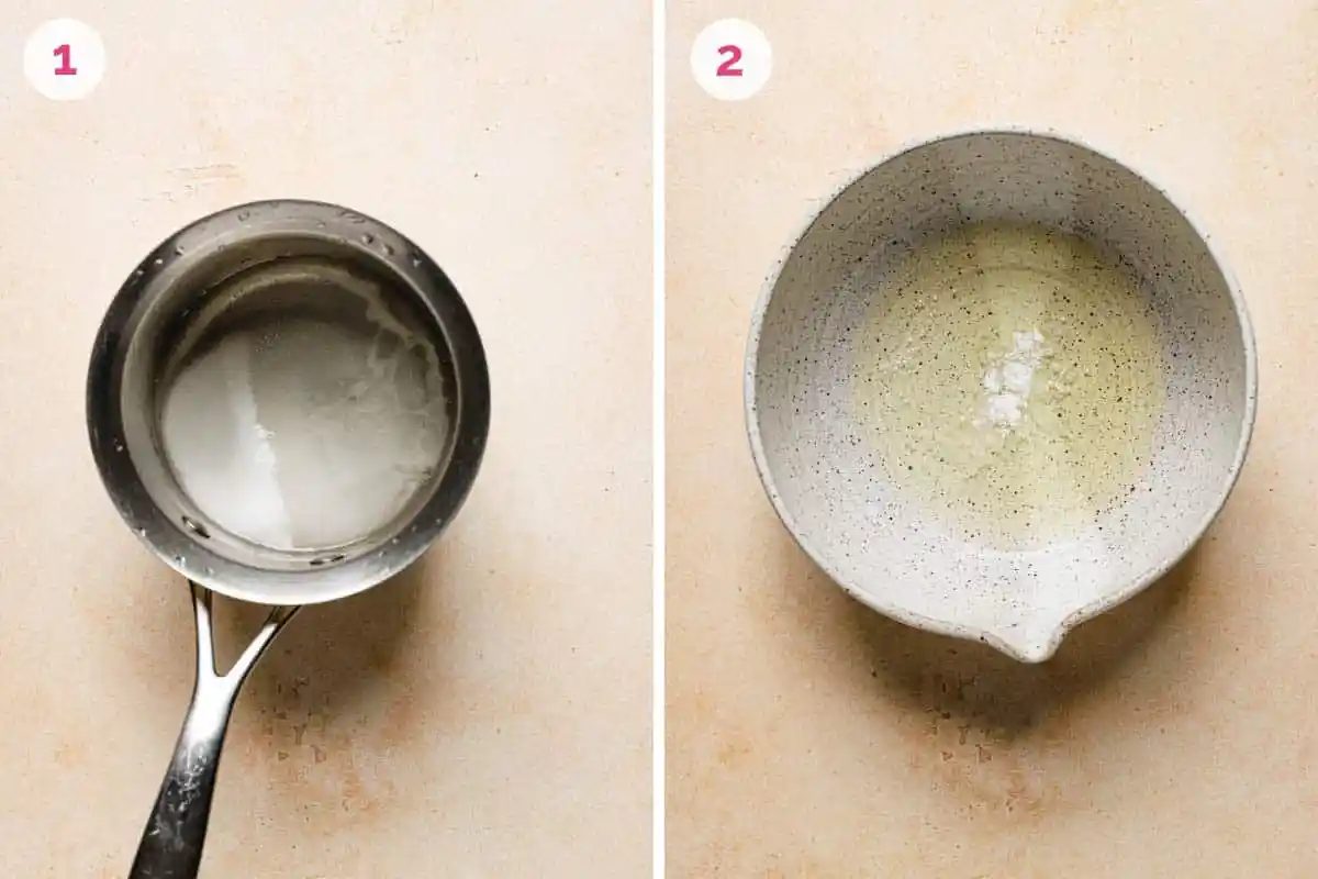 A saucepan on the left with the number 1 in the corner and a mixing bowl with egg whites on the right with the number 2 in the corner.