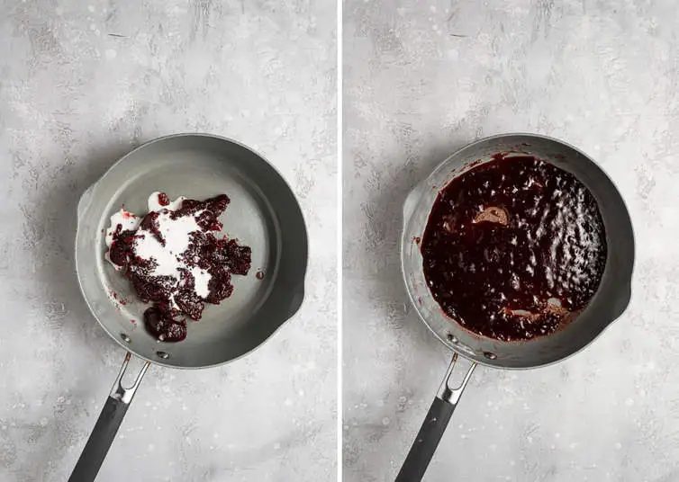 Two side by side photos of the steps to make the strawberry filling.