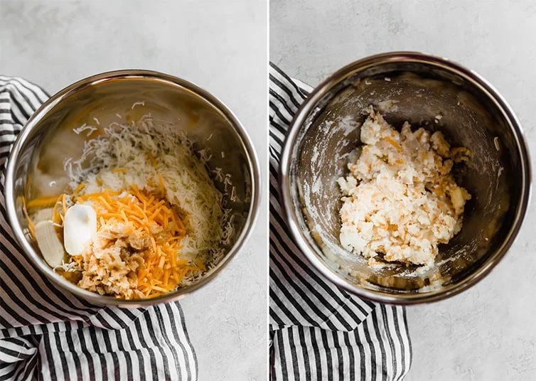 Side by side photos of the potato and cheese pierogi filling.