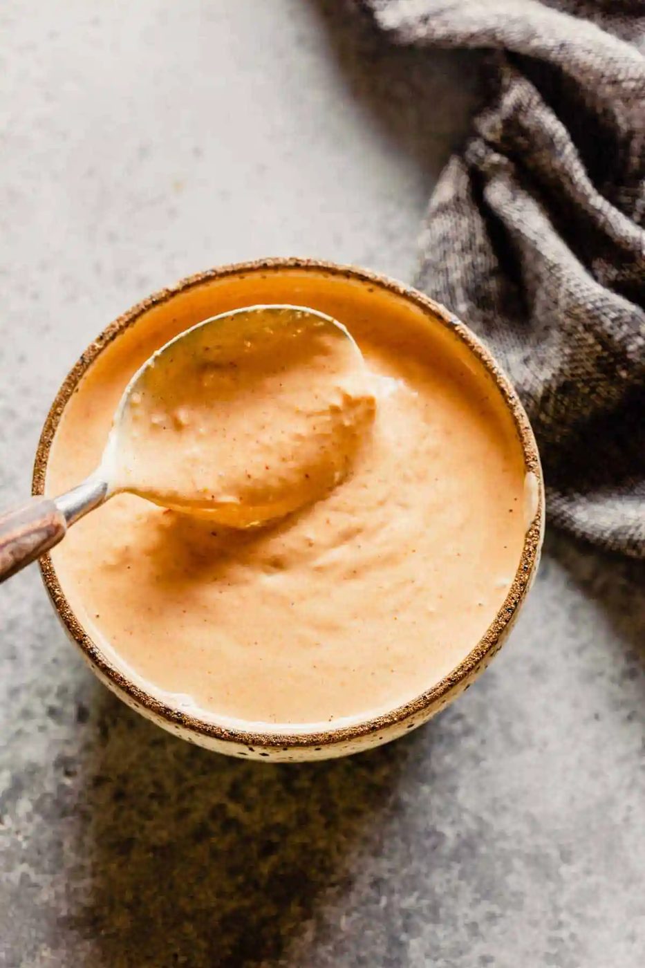 A bowl of Russian dressing with a spoon lifting some out of the bowl.